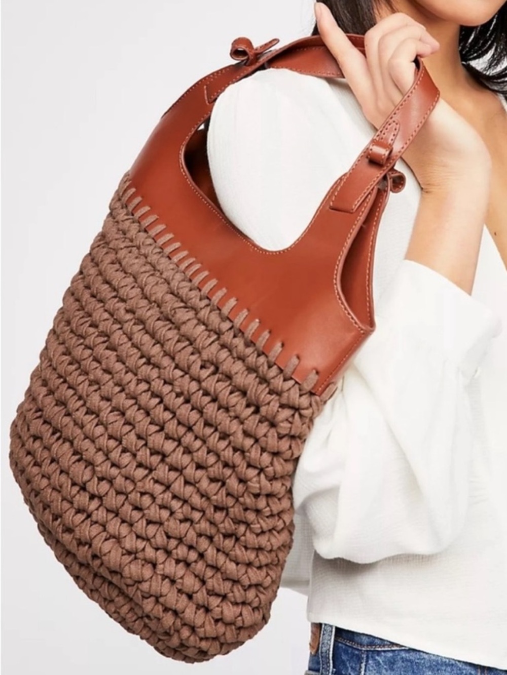 Free People Brown Woven Macrame Textured Tote Bag Boho Faux Leather